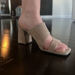 Marc Fisher Gemi Suede Block Heel Mules Size 36 / US 6 Beige Square Toe